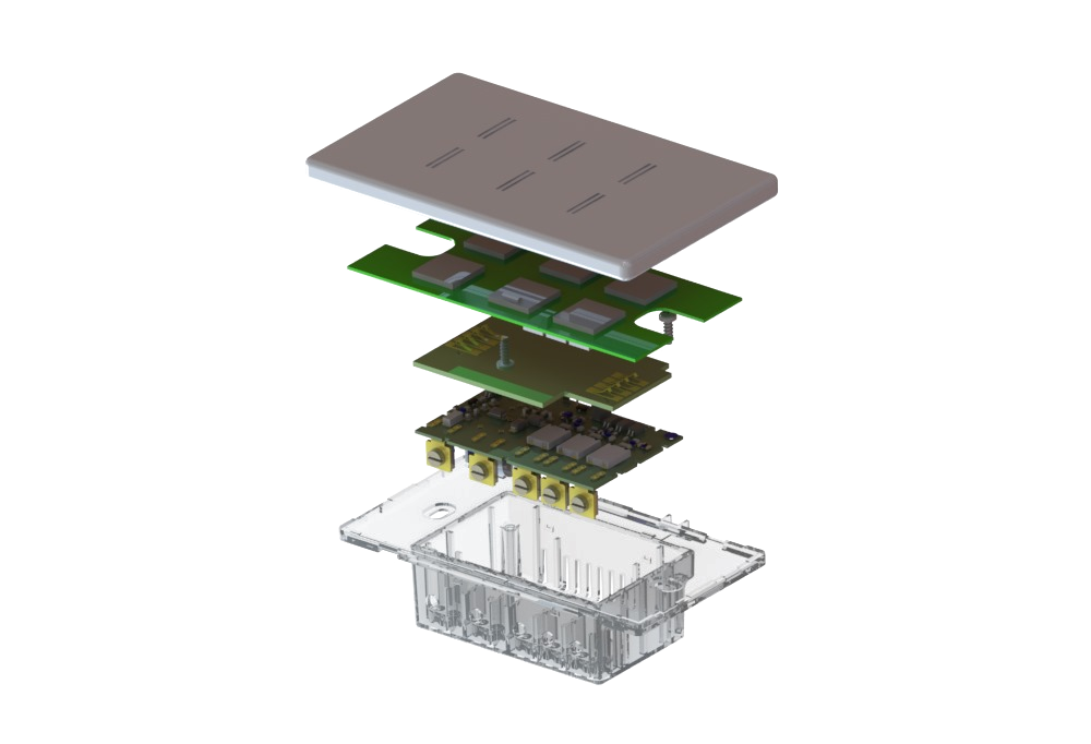 MBNtech switch — exploded engineering view of faceplate, boards and housing